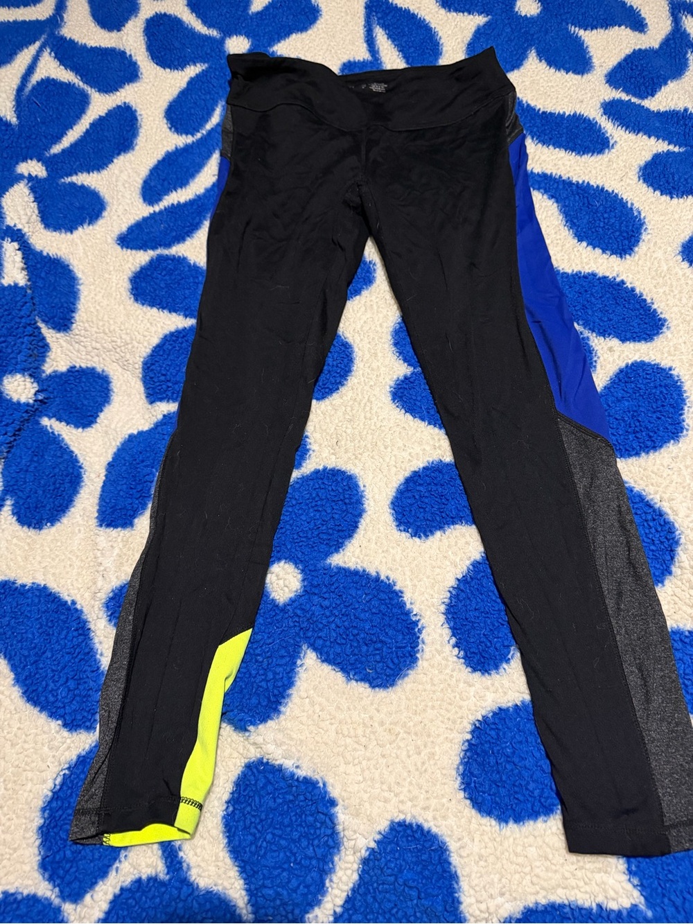 Women’s Black Athletic Leggings with Blue and Neon Yellow Panels